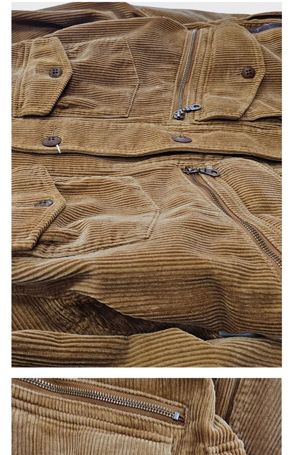Corduroy Western Hunting Jacket for Men, Washed Multi-Pocket Outdoor Adventure Workwear Retro Windbreaker Jacket