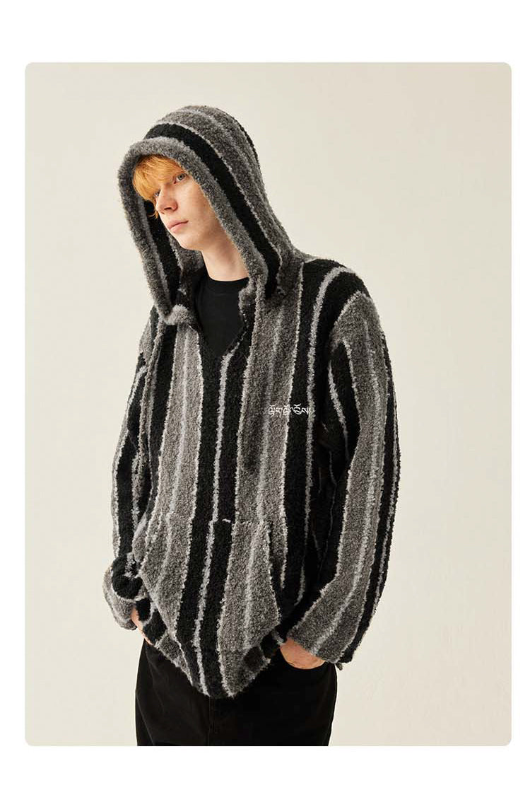 MEDRIA Retro Striped Wool Blend Tibetan Hoodie Autumn Winter Lazy Style Knitted Sweater Unisex Hooded Jacket