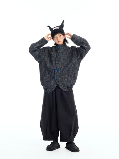 Japanese Retro Color-Block Herringbone Wool Coat - Curved Stand Collar (Women)