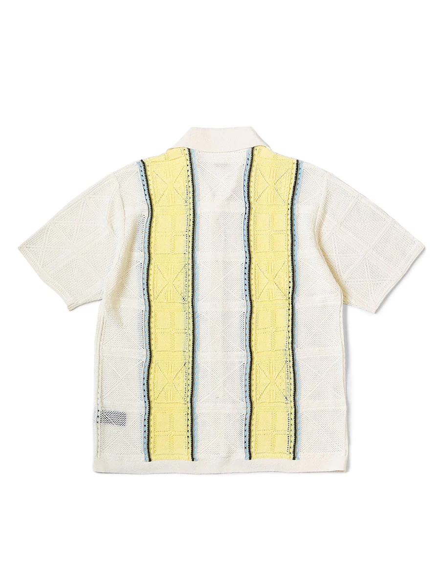 Japanese Style Hollow Knit Cuban Collar Retro Ethnic Style Short Sleeve Polo Shirt