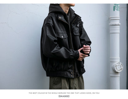 Men's American Retro Leather Jacket - Lychee Grain Stand Collar Motorcycle Coat