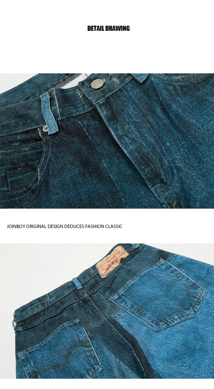 Printed Washed Denim Fabric Creative Design Color Block Feel Scimitar Pants Wide Leg Jeans