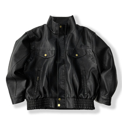 Men's American Retro Leather Jacket - Lychee Grain Stand Collar Motorcycle Coat