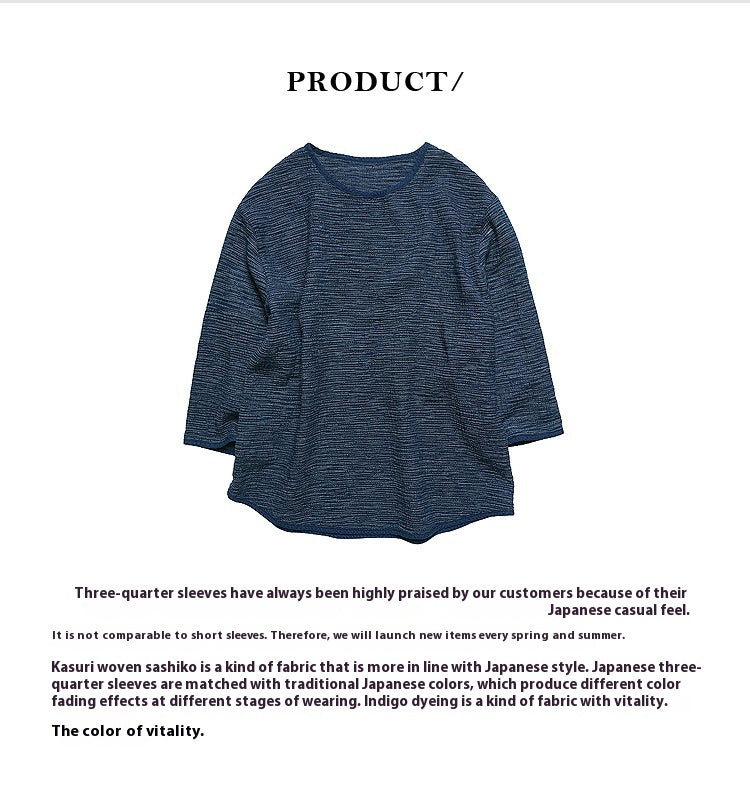 Original Retro Sashiko Loose Japanese Style Round Neck Three-Quarter Sleeve Blue Dyed T-Shirt Trendy Brand Short Sleeve