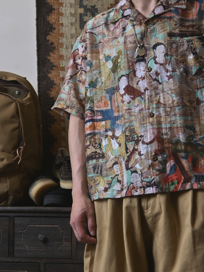 Vintage Loose Print Cuban Collar Shirt Linen Hawaiian Short Sleeve Shirt Dunhuang Summer Trend Brand