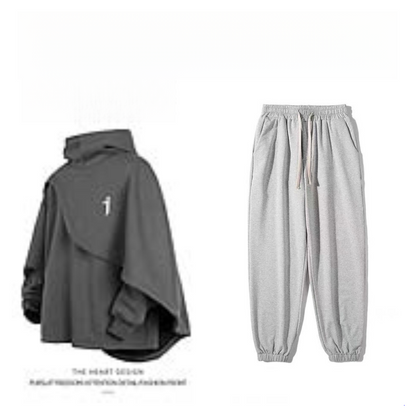 High-Neck Hooded Sweatshirt – Autumn/Winter Loose “Two-Piece” Layered Cape Jacket for Men
