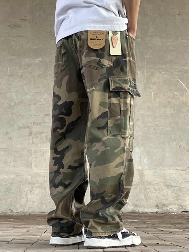 Men's American Street Retro Cargo Pants - Camouflage Heavy Washed Ripped Straight-Leg Pants