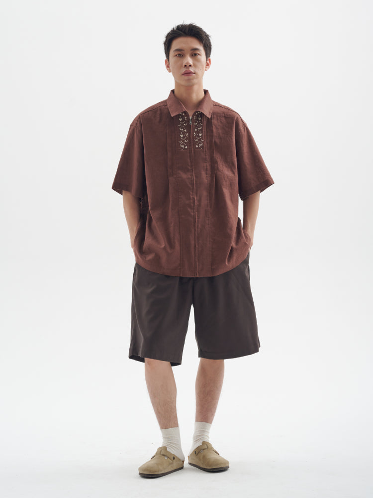 25SS Ramie Blend Passionflower Embroidery Washed Vintage Japanese Style Retro Short Sleeve Shirt