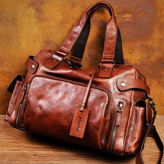 Slow Time Vintage Hand-Painted Genuine Leather Business Travel Bag for Men and Women, Vegetable-Tanned Cowhide Handbag | Japanese vintage | yamalin clothes | Yamalinclothes