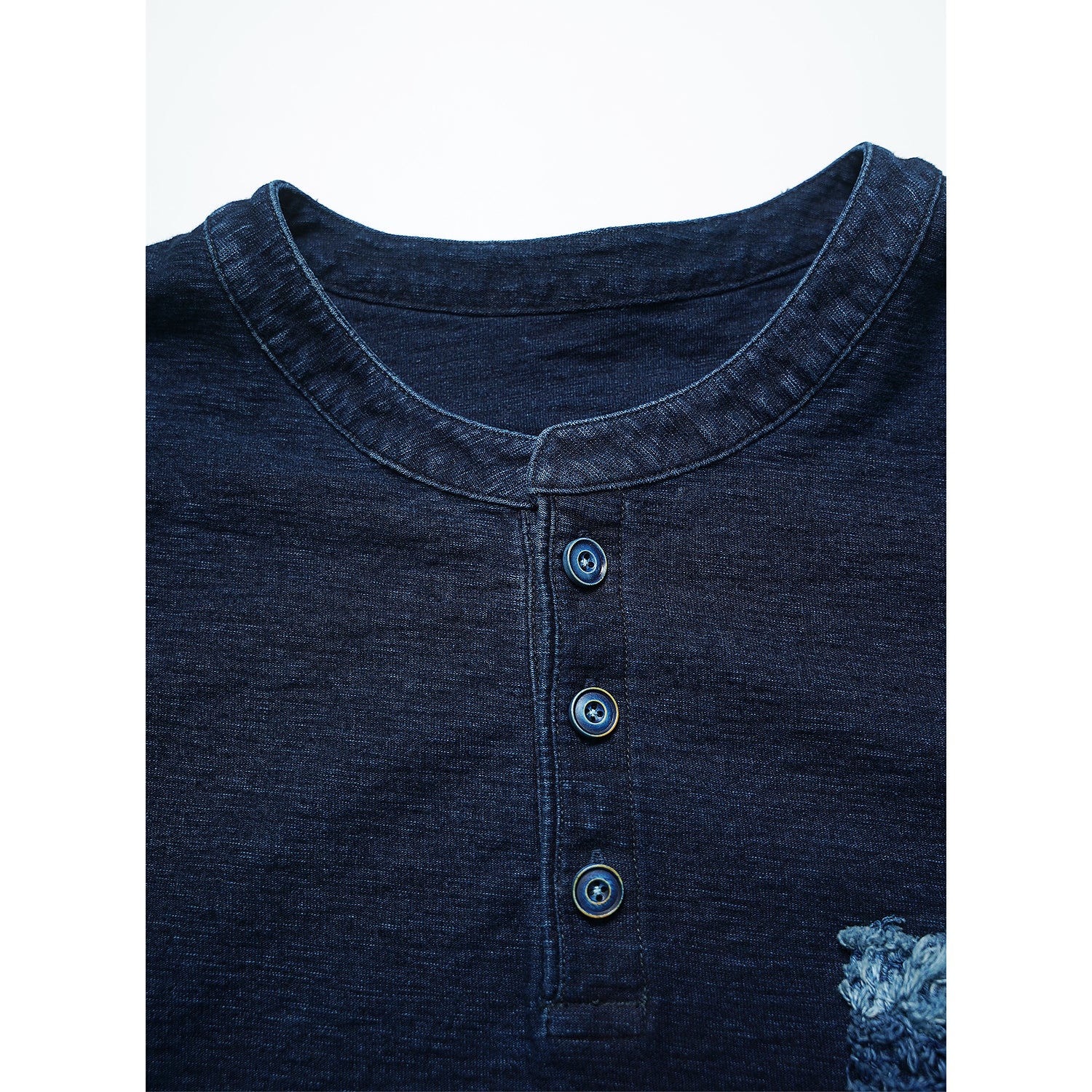 Original retro heavy-weight high-density bamboo-pattern boro ragged Kendo thorn blue-dyed Henry collar short-sleeved T-shirt