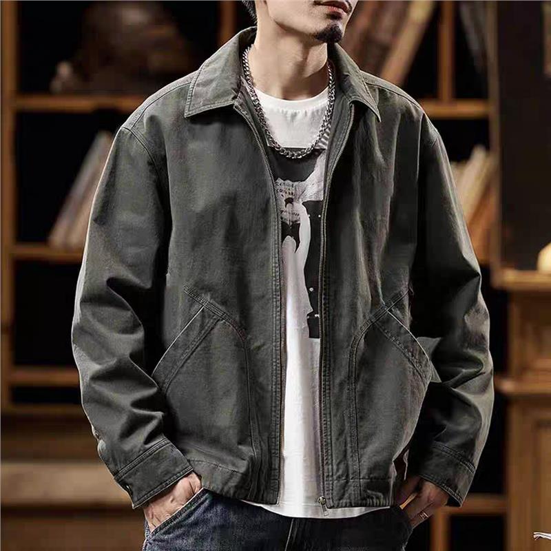 Men's American Retro Workwear Jacket - Autumn Winter Solid Color Pocket Design Casual All-Match Coat