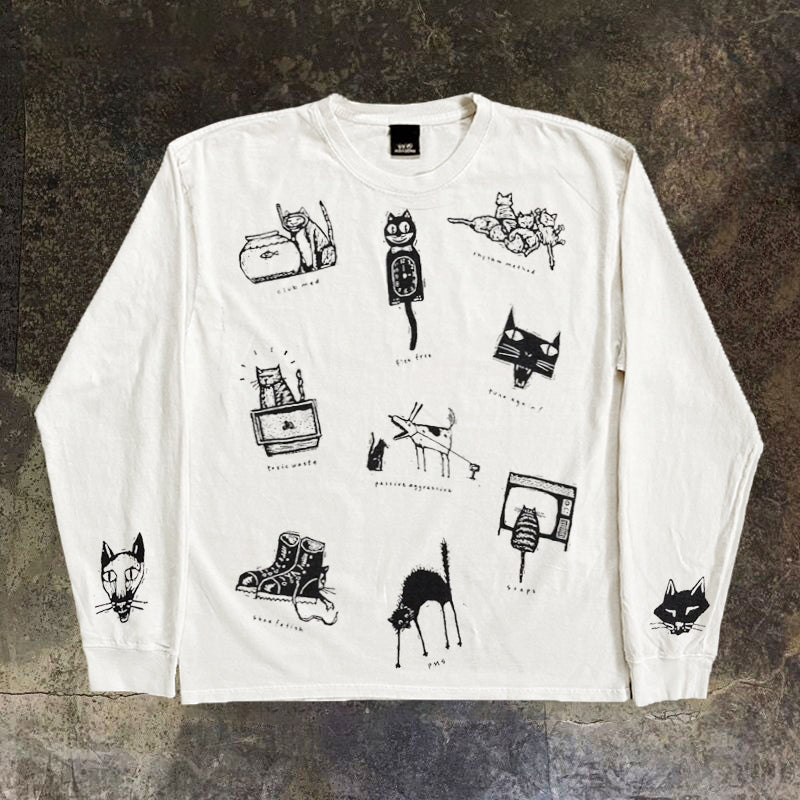 Bomba Studio Cat Print Long-Sleeve Tee — Retro Hong Kong Student Streetwear