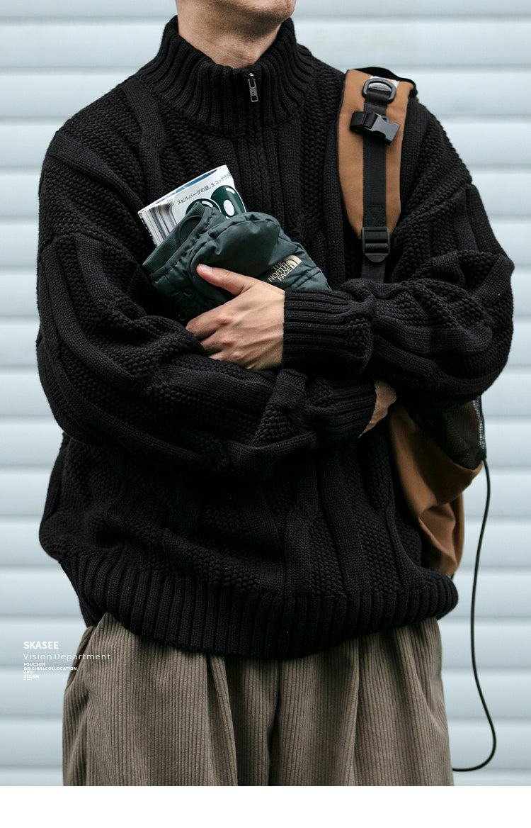 Winter Heavyweight High Grammage Non-Itchy Thick Cable Knit Stand Collar Pullover Sweater American Retro Half-Zip Thickened Coat