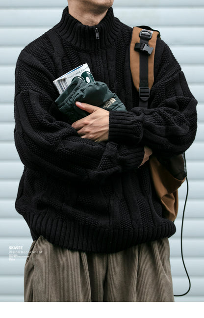 Men's Winter Heavyweight Cable Knit Sweater - American Retro Half-Zip Stand Collar