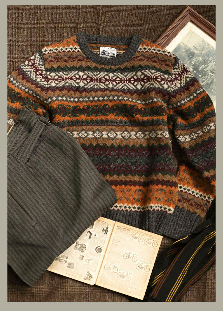Vintage Floral Fair Isle Shetland Wool Sweater – Unisex Long Sleeve