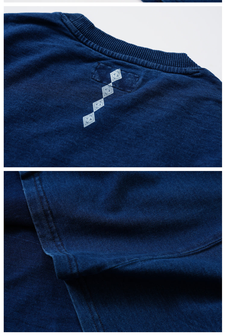 Japanese Retro Indigo Batik Craft Ethnic Style Patchwork Heavy Cotton Loose Fit Oversized T-Shirt for Men Summer Tee