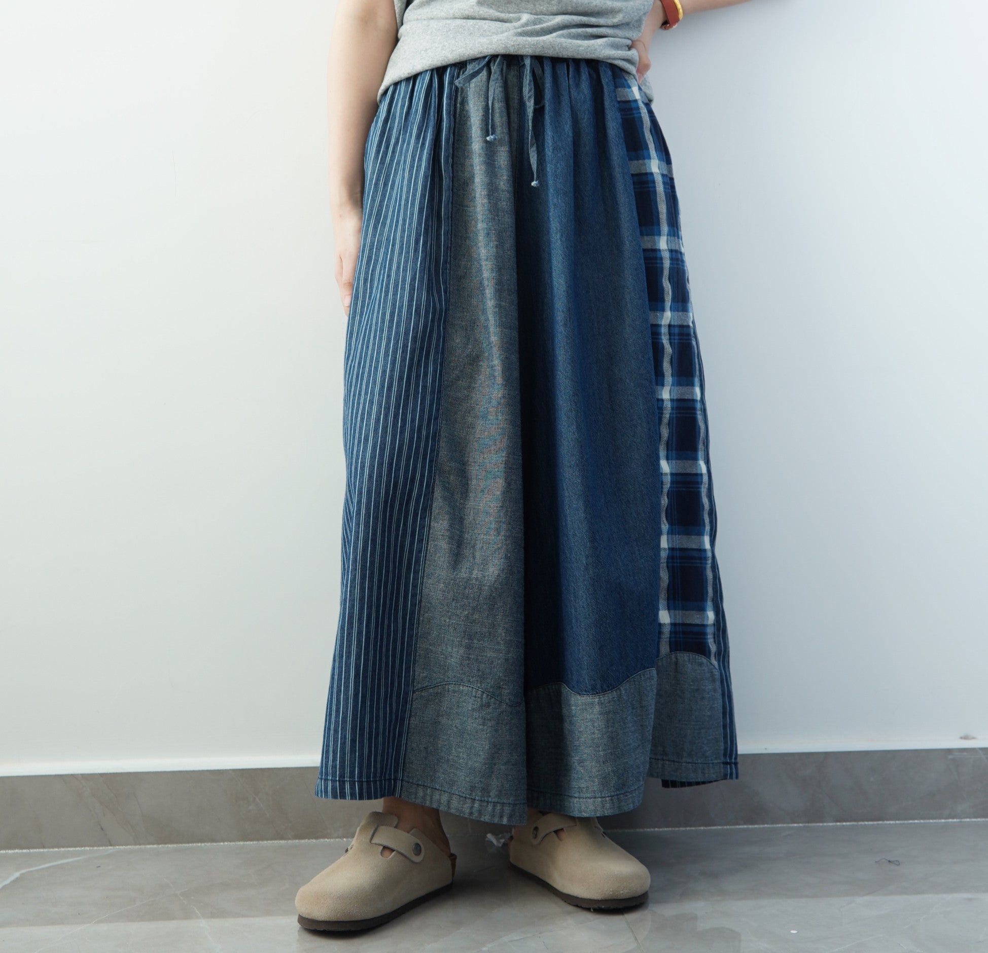 100% Cotton! Color Block Retro Denim Wide Leg Skirt Pants