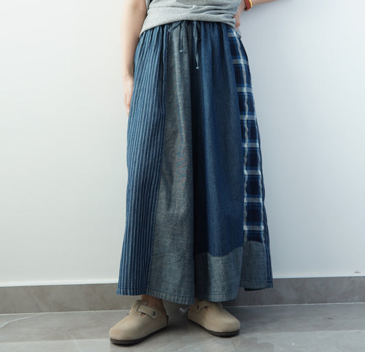 100% Cotton! Color Block Retro Denim Wide Leg Skirt Pants