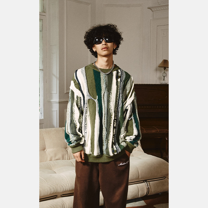 Medria Unisex Retro Bitter Melon Stripe Sweater - Loose Lazy Casual Knitwear