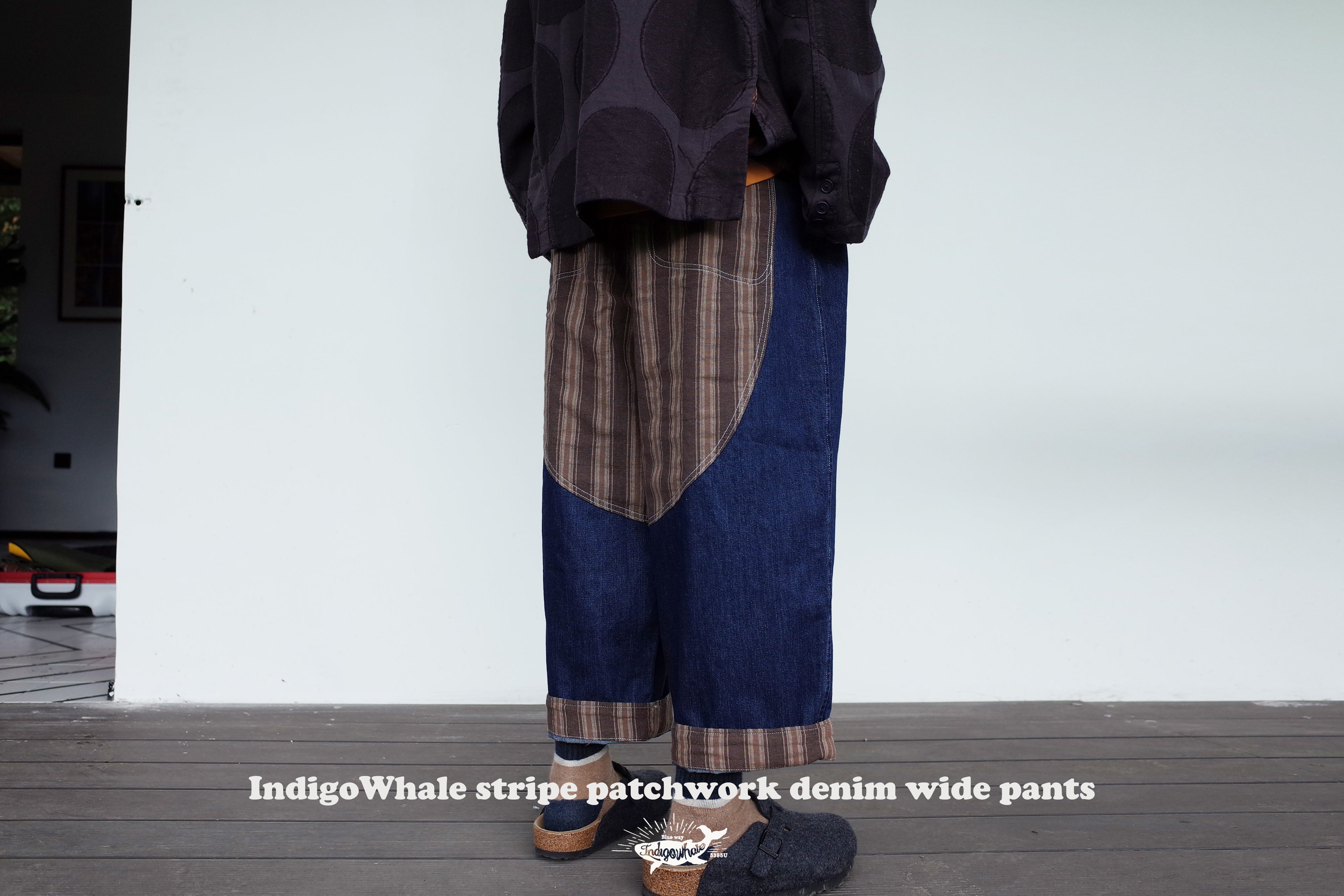 IndigoWhale Bamboo Denim Wide-Leg Patchwork Jeans – Heavy Wash, Drawstring Nine-Point Design