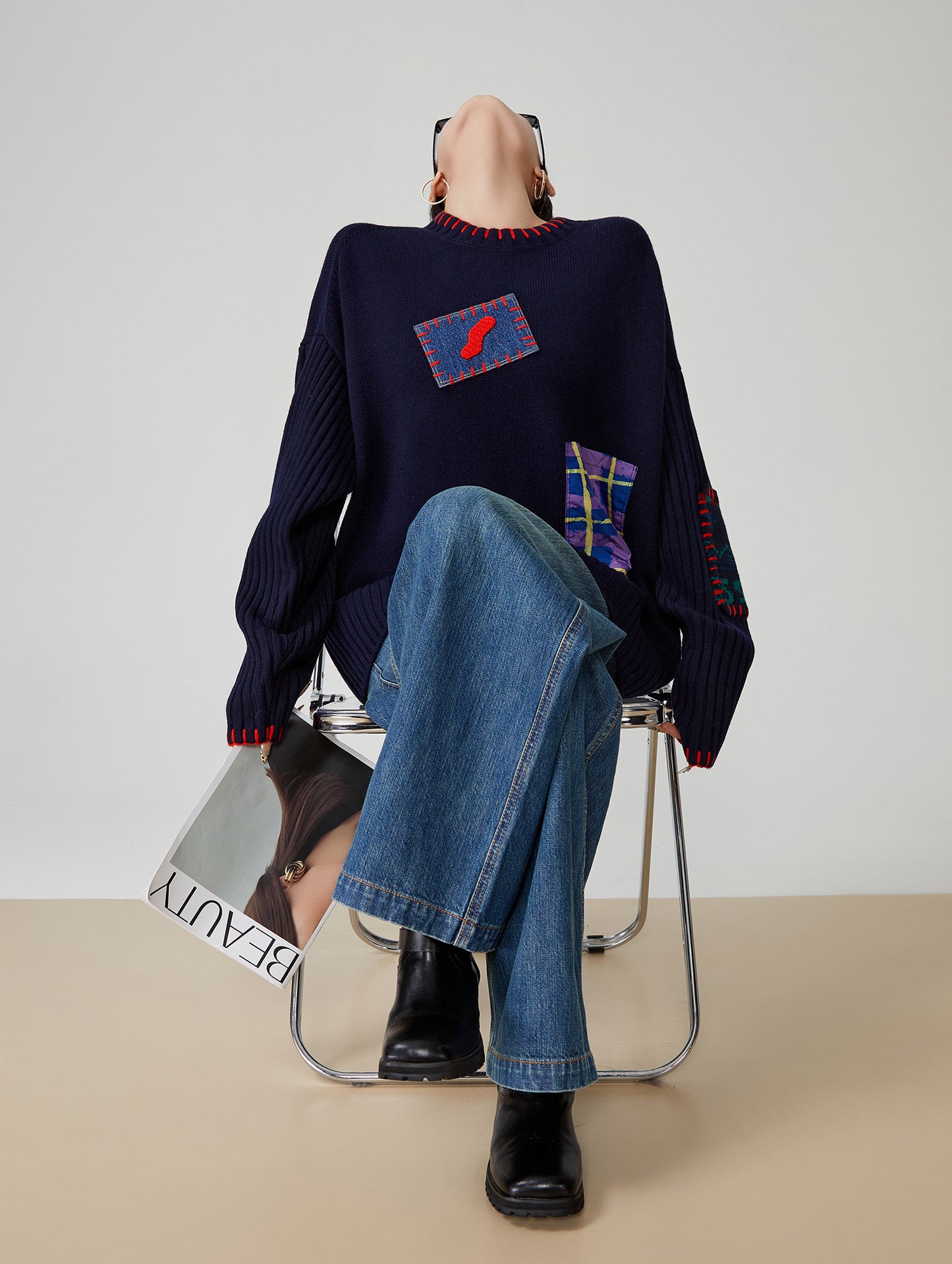 Color-Block Hand-Embroidered Patchwork Sweater – Japanese Niche Knit Top