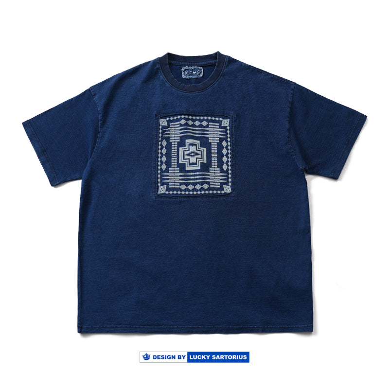 Japanese Retro Indigo Batik Craft Ethnic Style Patchwork Heavy Cotton Loose Fit Oversized T-Shirt for Men Summer Tee