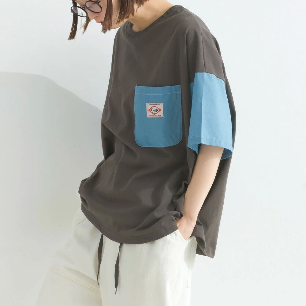 Japanese Style Stitching Denim Pocket Letters Profile T-shirt Designer Loose Casual Summer Patch