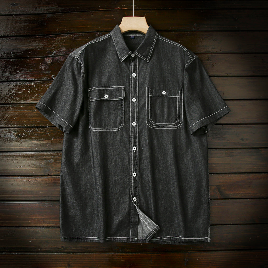 Pure Cotton Enzyme Wash! Export Surplus Men's Summer Turn-down Collar Denim Short Sleeve Shirt Top