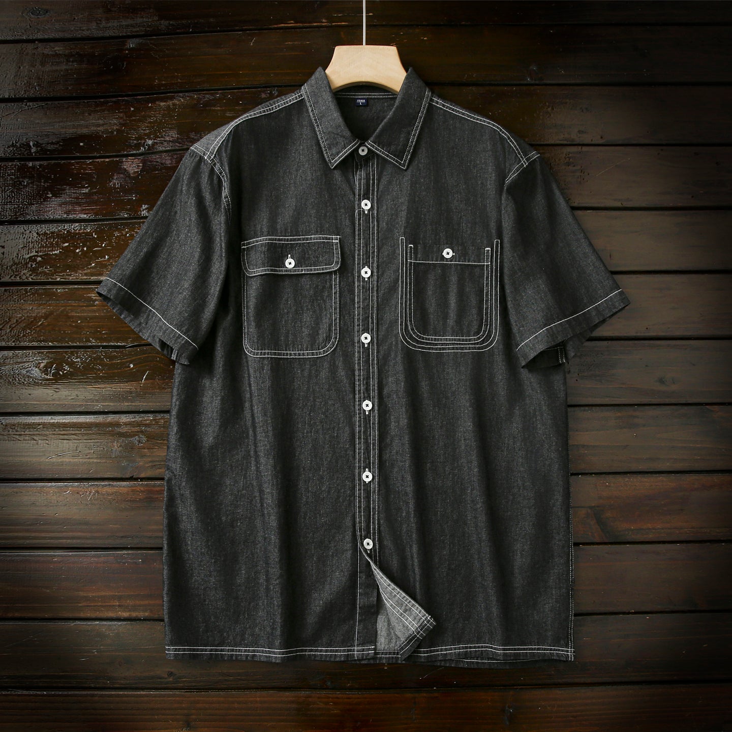 Pure Cotton Enzyme Wash! Export Surplus Men's Summer Turn-down Collar Denim Short Sleeve Shirt Top