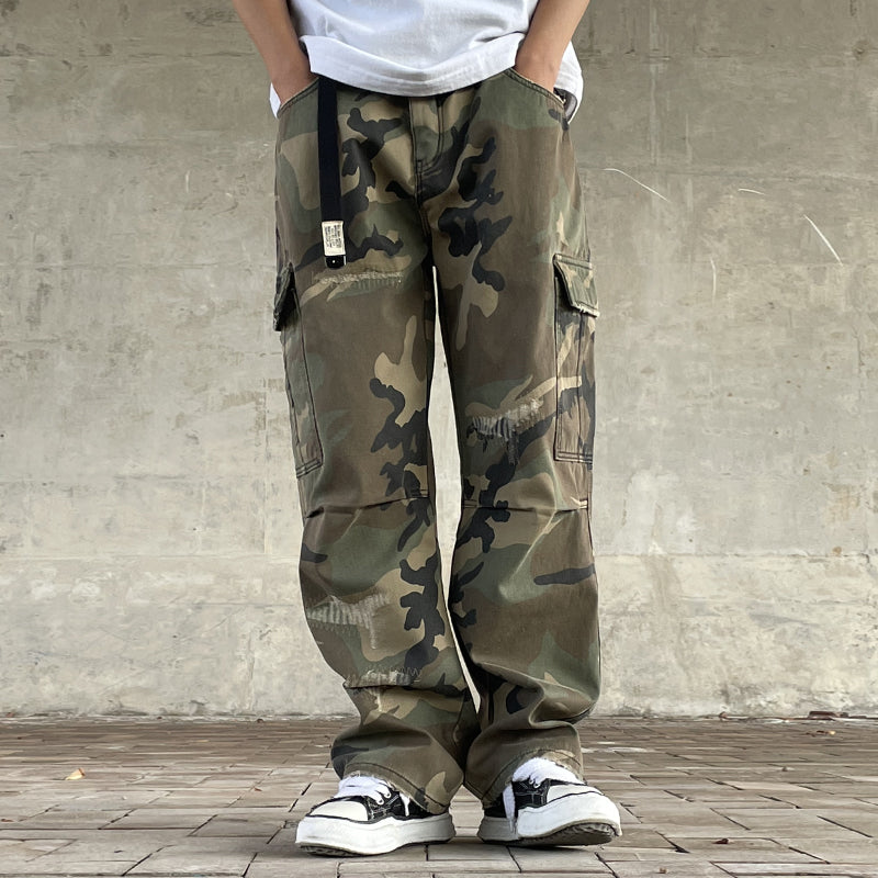 Men's American Street Retro Cargo Pants - Camouflage Heavy Washed Ripped Straight-Leg Pants
