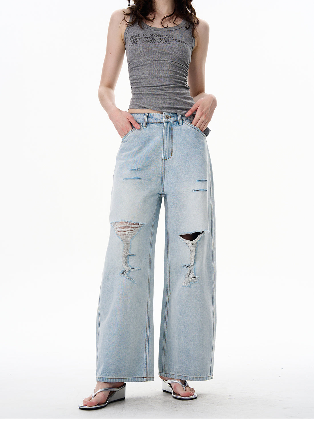 American Style Distressed Light Blue Jeans Trendy Brand Men's Cool Street Style High-End Pants