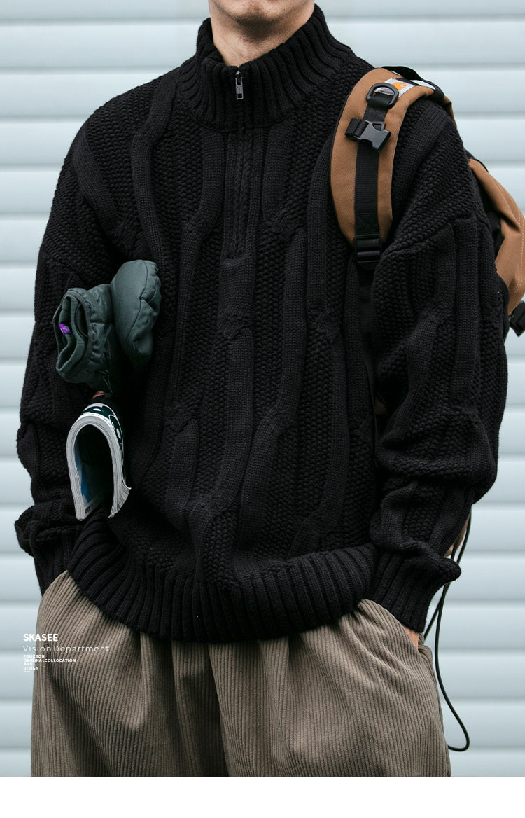 Winter Heavyweight High Grammage Non-Itchy Thick Cable Knit Stand Collar Pullover Sweater American Retro Half-Zip Thickened Coat