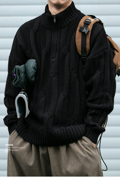 Men's Winter Heavyweight Cable Knit Sweater - American Retro Half-Zip Stand Collar