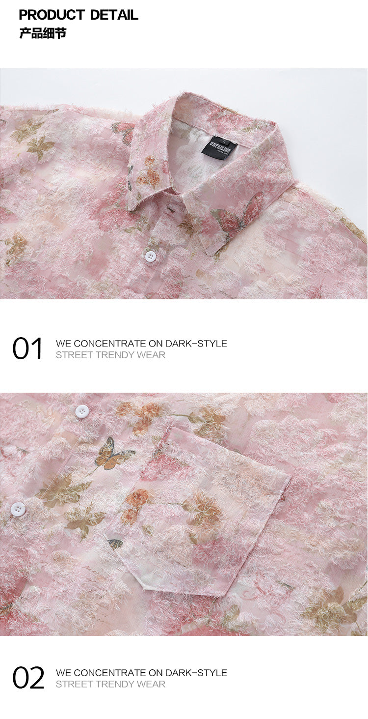 Lazy Style Tassel Butterfly Full Print Short Sleeve Shirt for Men Summer Design Sense Niche Beach Floral Shirt