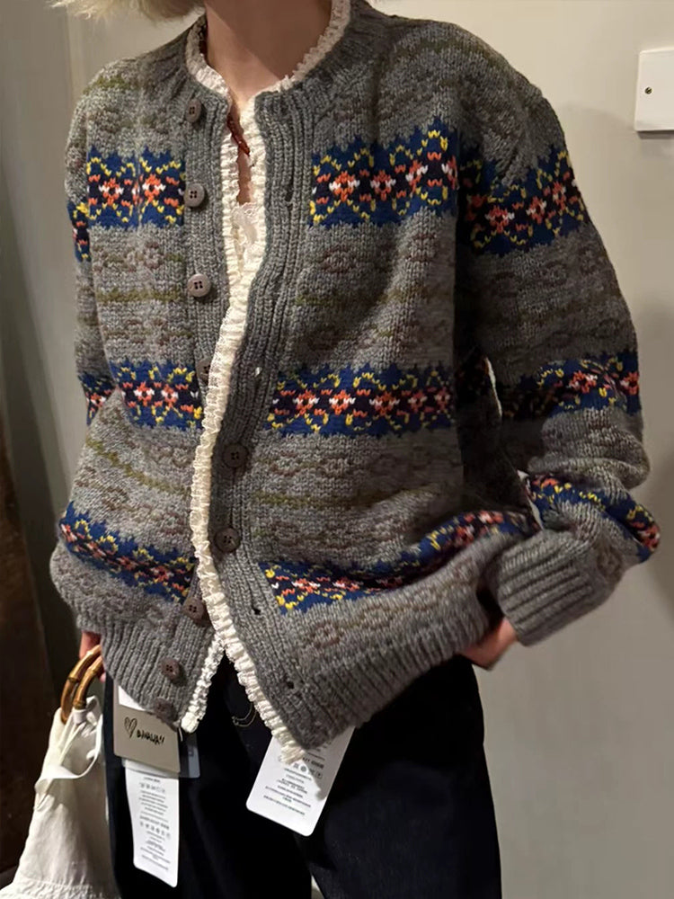 South Korea Nine-Bananas Fair Isle Lace-Trim Sweater Coat – Vintage Wool Blend, Cozy Retro Statement