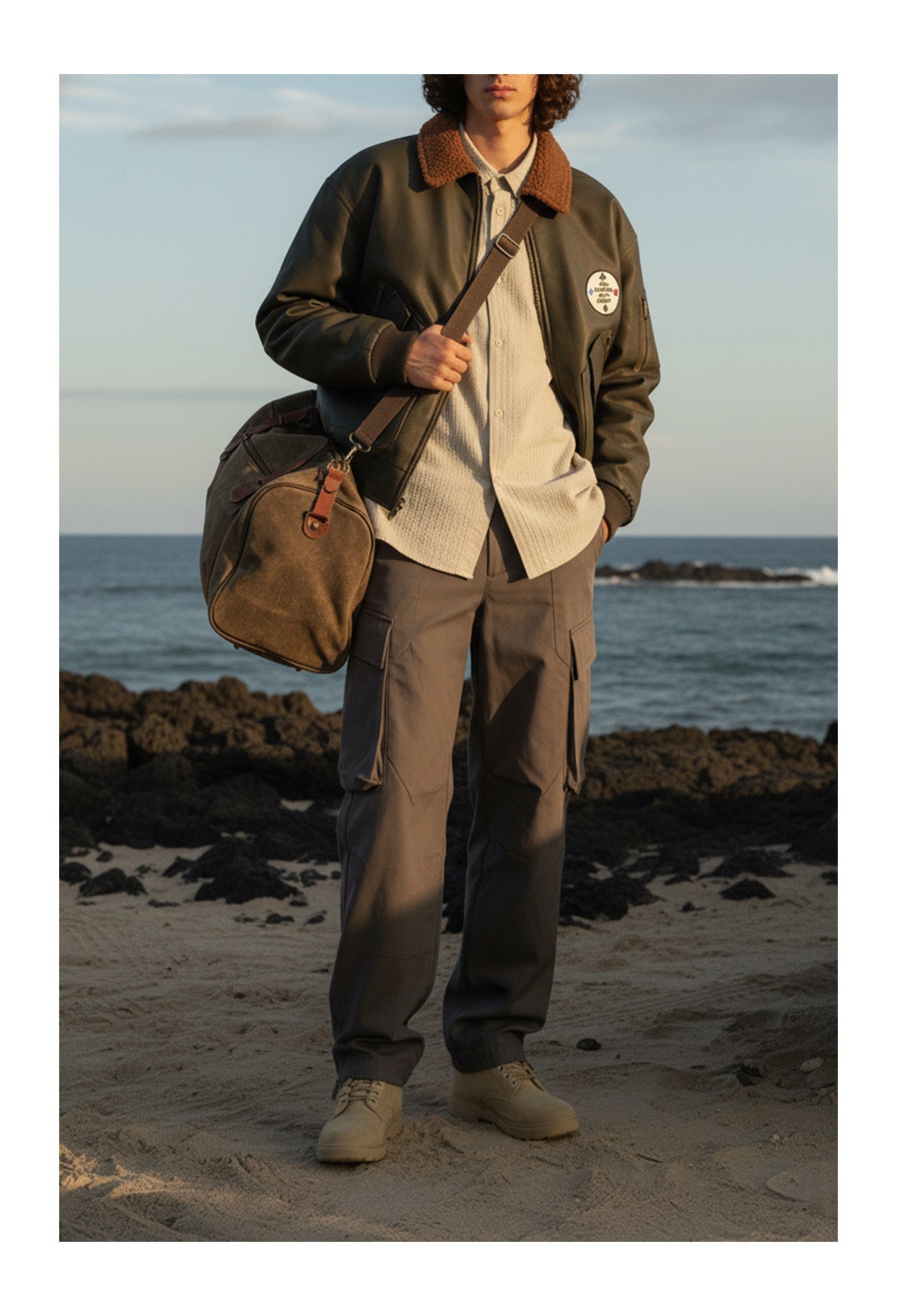 American Retro Leather Cotton Jacket - Lamb Wool Embroidered Coat (Men)