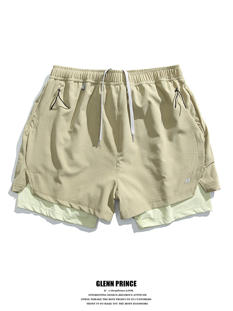 Summer Outdoor Fake Two-Piece Double-Layer Running Sports Shorts for Men Anti-Exposure Quick-Dry Cycling Training Shorts