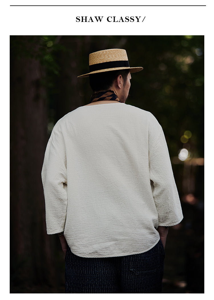 Original Japanese Retro White Sashiko Spring Summer Loose Couple Style Short Sleeve Embroidered Casual Three-Quarter Sleeve T-Shirt for Men