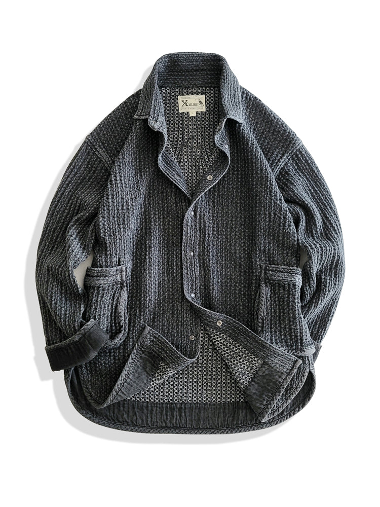 Washed Black Tie-Dye Oversized Shirt Jacket Loose Casual Khaki Vintage