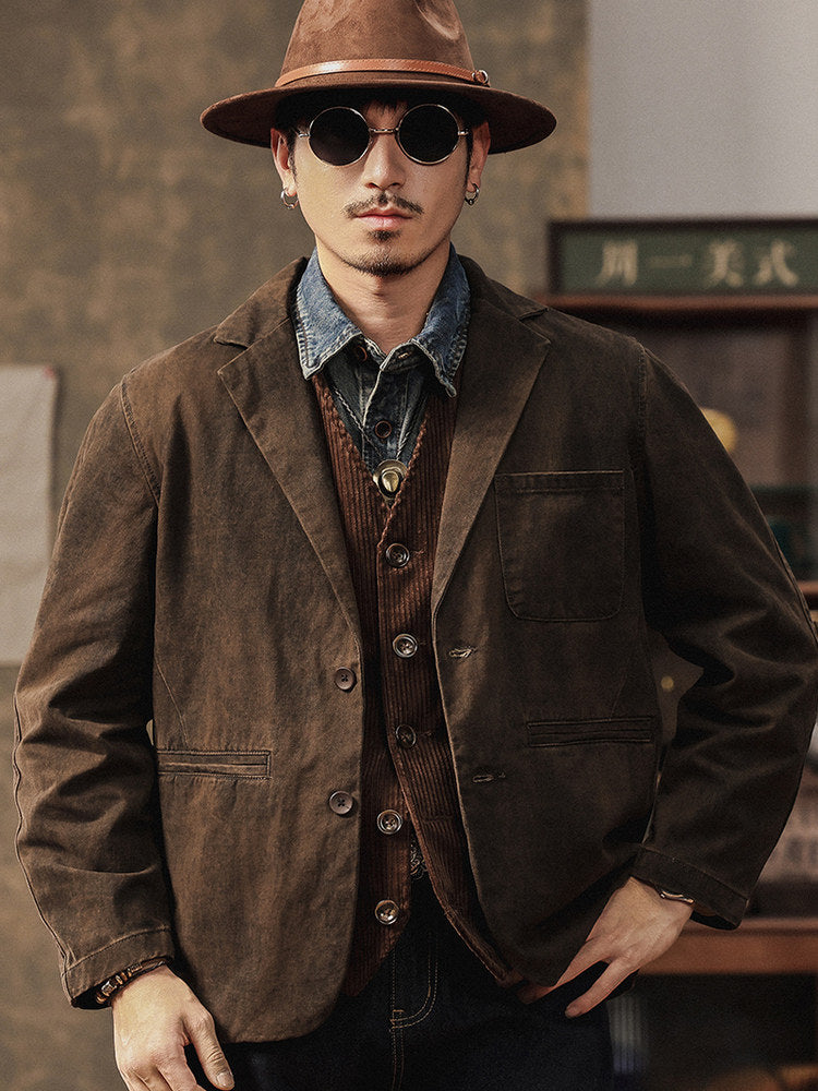 Vintage Mottled Distressed Cotton Blazer - American Casual Washed Suit (Men)