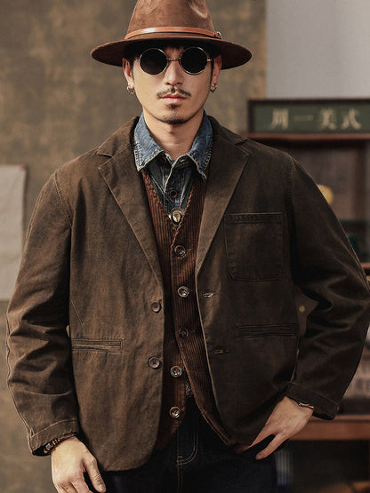 Vintage Mottled Distressed Cotton Blazer - American Casual Washed Suit (Men)