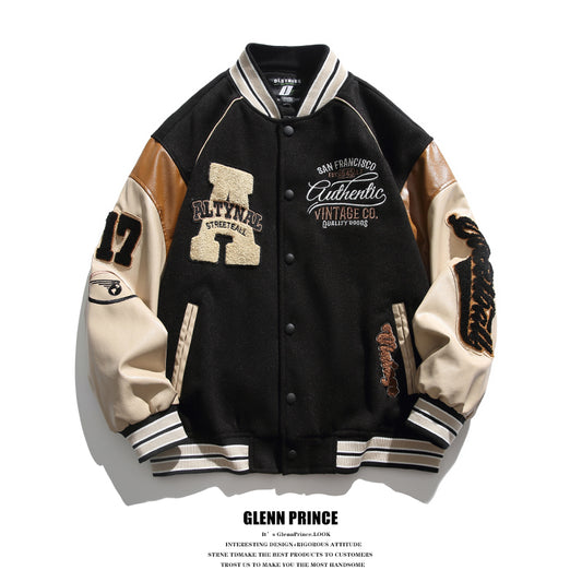 American Style Trendy Brand Patchwork Baseball Jacket for Men, Autumn and Winter Retro Cotton Jacket, Spring and Autumn New Couple Jacket