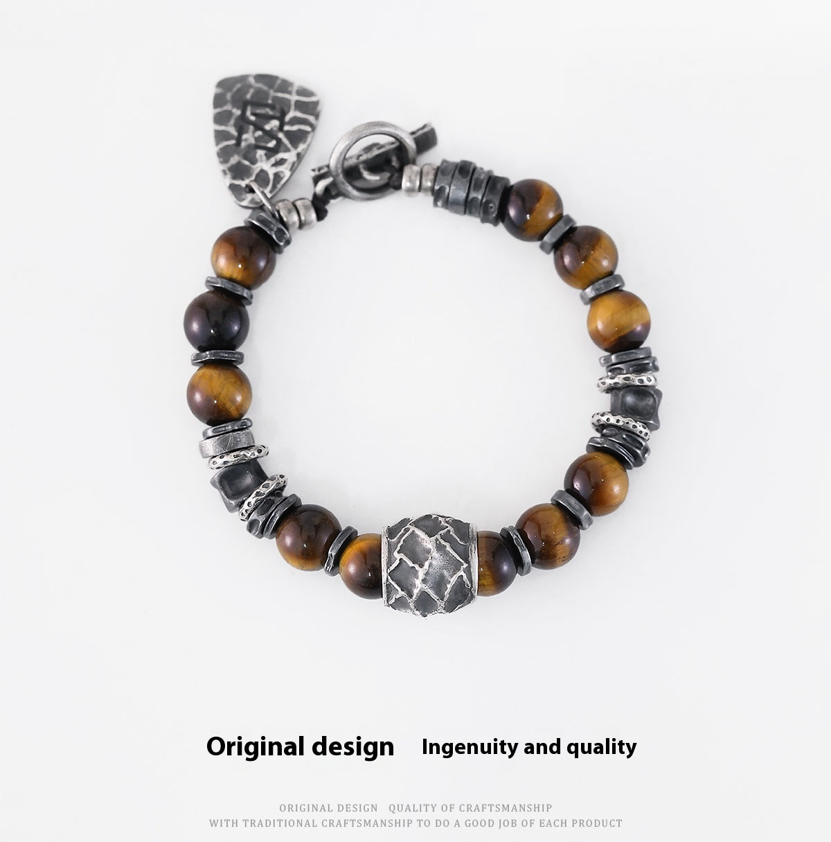 Yinshu Original Handmade &lt;Hammered&gt; Bracelet for Men Niche 999 Pure Silver Tiger Eye Stone Men's Vintage Bracelet