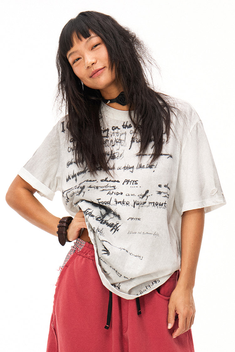 Handwritten Print Soft Skin-friendly Distressed Loose Short Sleeve T-shirt