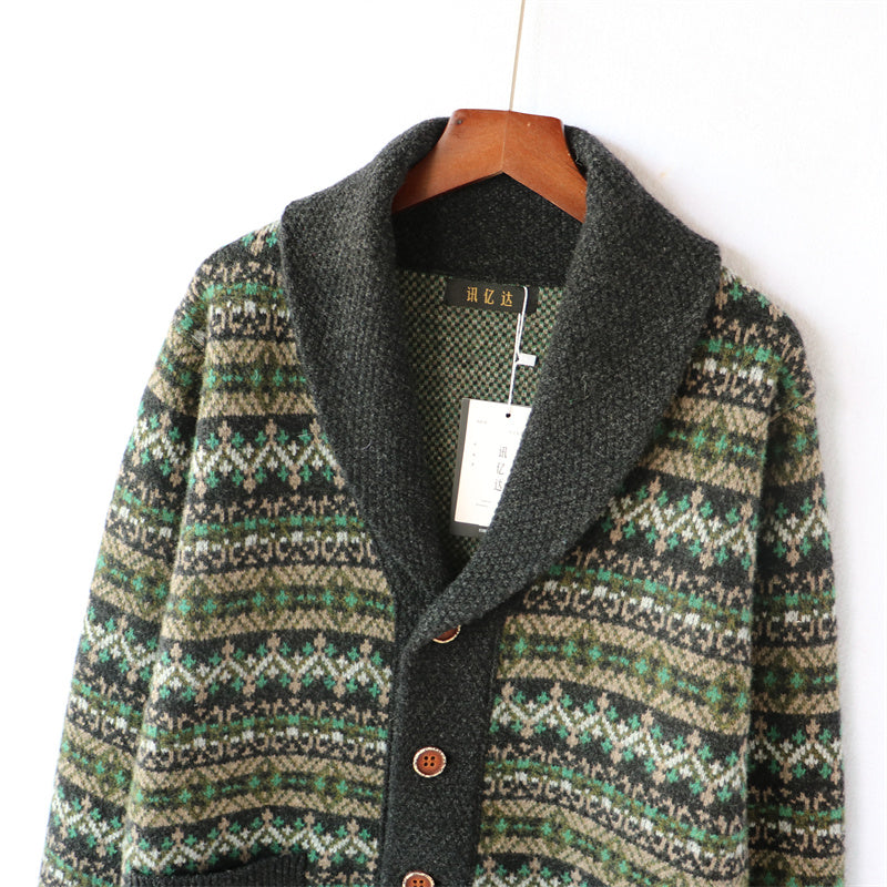 Heavyweight Color-Block Wool Cardigan Jacket – Retro Warm Knit (Unisex)