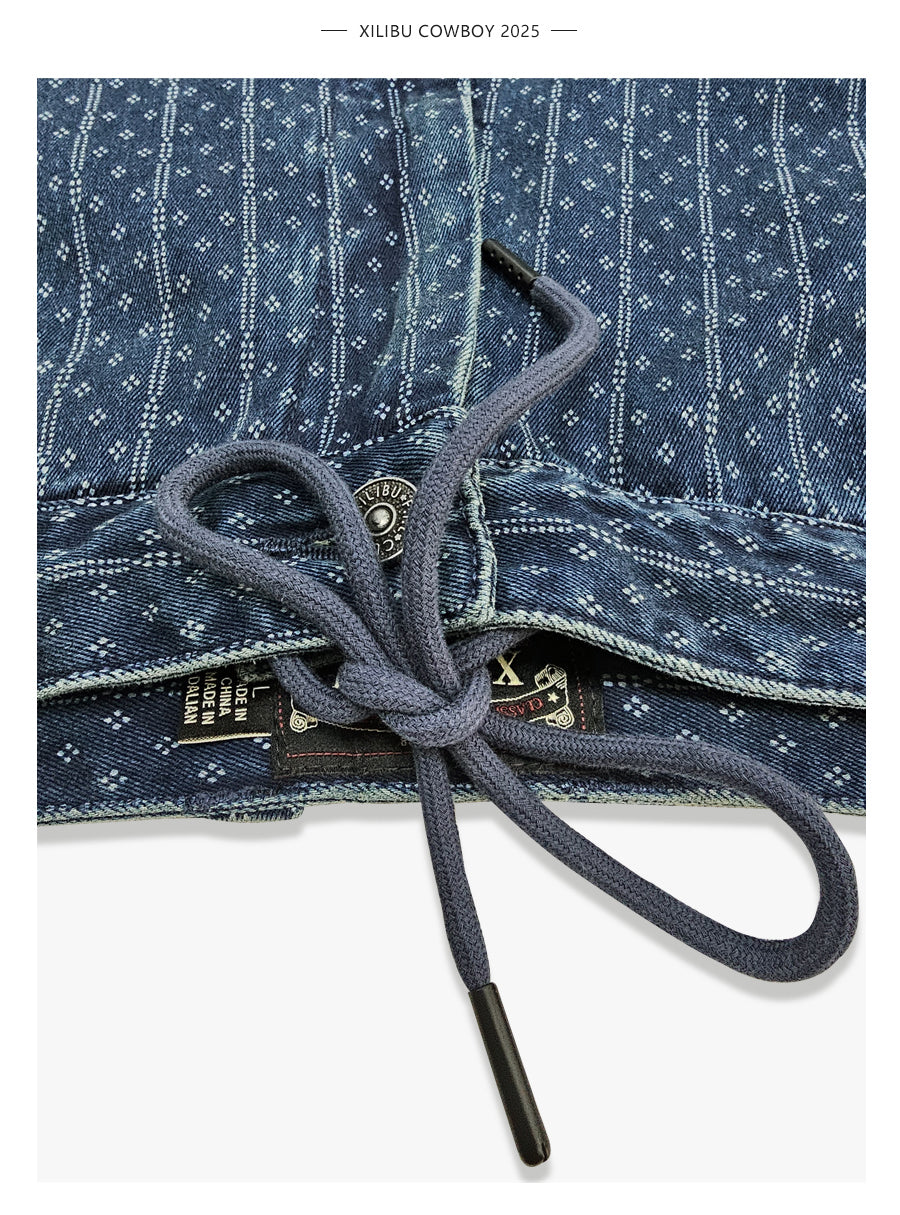 Blue Dyed Jacquard Loose Fit Scimitar Cropped Pants Japanese Retro Style with Large Pockets Casual Mid-Length Shorts