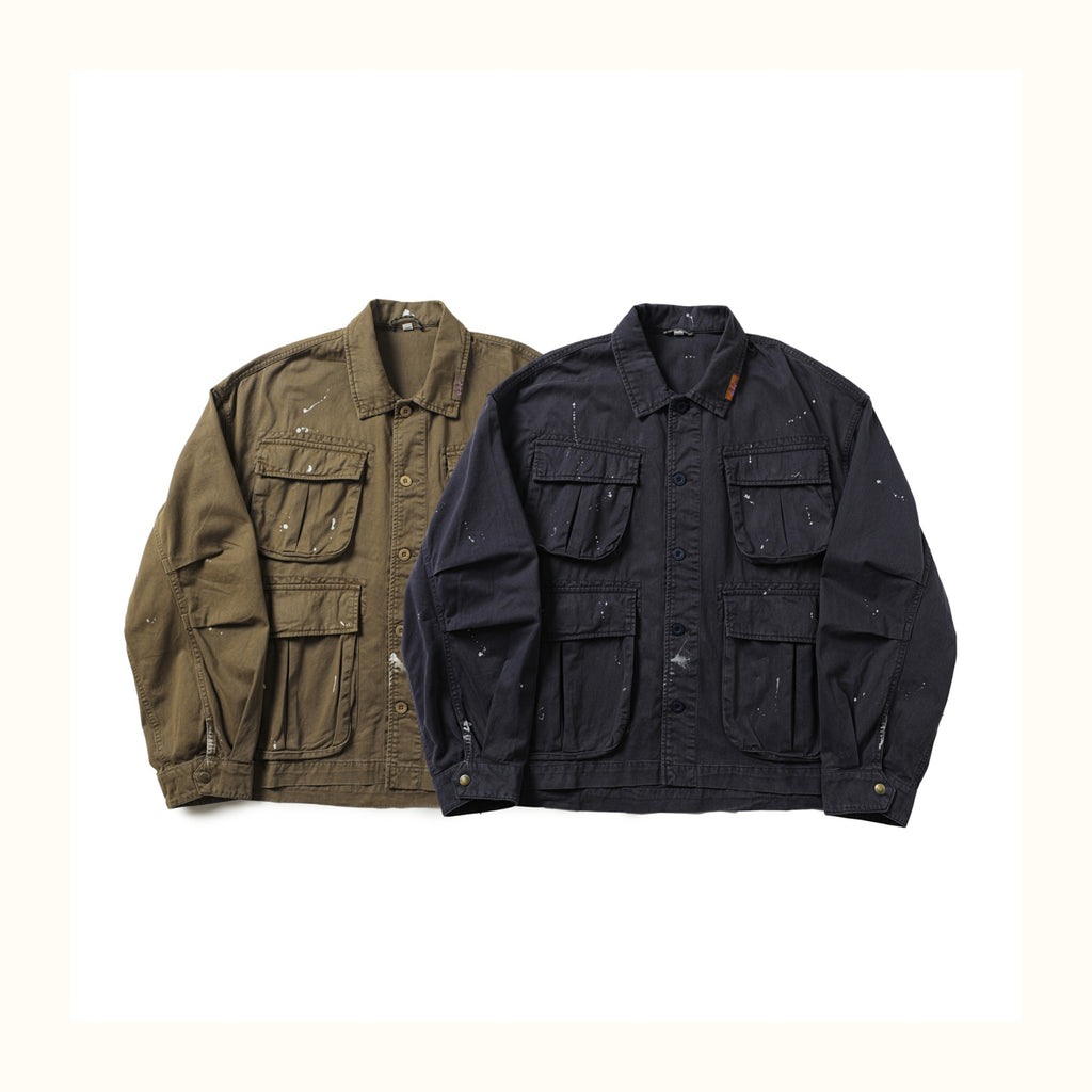 Heavy-Duty Washed Multi-Pocket Workwear Jacket – Ink-Splattered, Turn-Down Collar (Unisex)