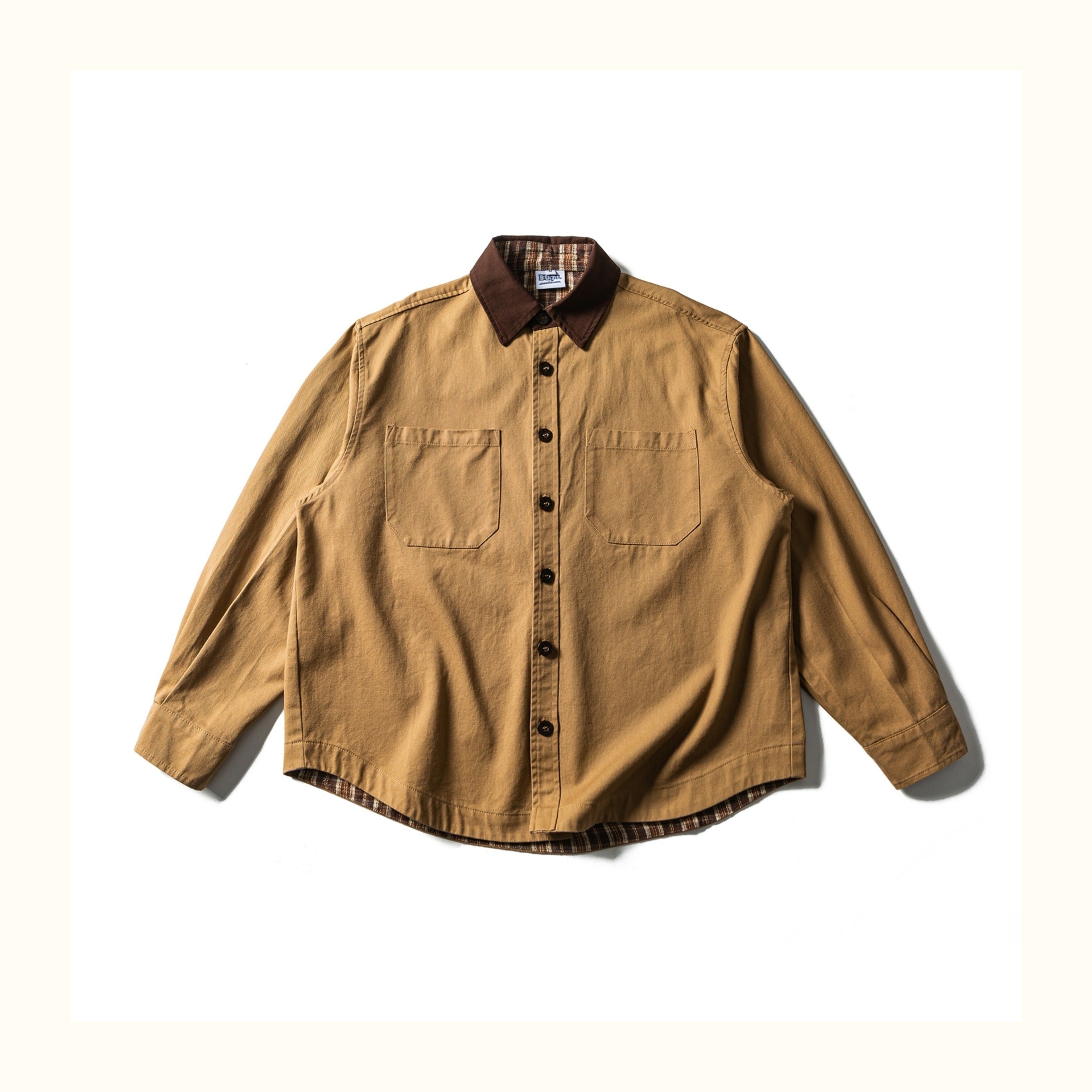 Colour-Block Turn-Down Collar Long Sleeve Shirt – Washed Heavy Cotton (Unisex)