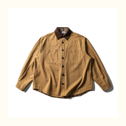 Colour-Block Turn-Down Collar Long Sleeve Shirt – Washed Heavy Cotton (Unisex)