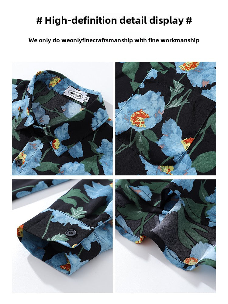 Resort Style Blue Floral Full Print Long Sleeve Shirt for Men 2025 Autumn New Hawaiian Floral Shirt